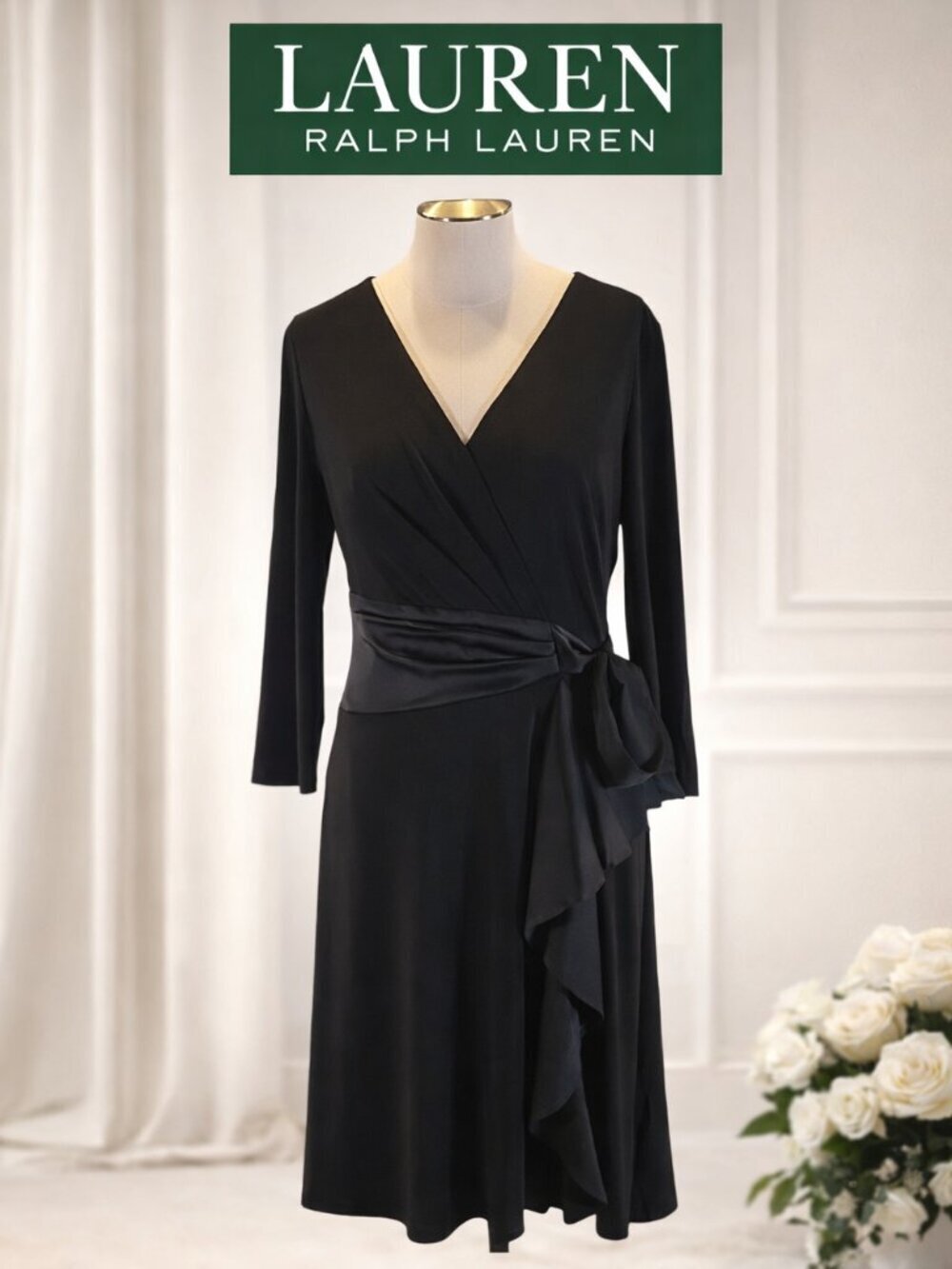 Lauren Ralph Lauren Black Faux Wrap Dress Size 4 Back Zip Ruffle Tie